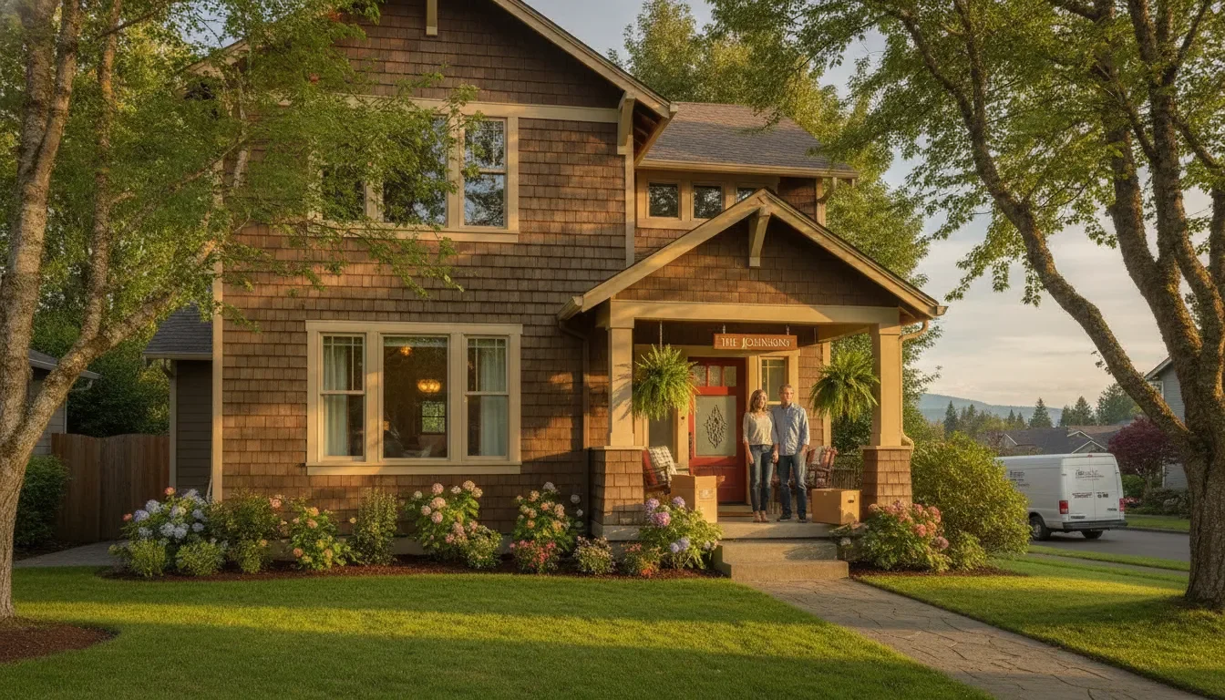 Two-story home with well-maintained yard in a quiet Puyallup, Washington neighborhood on a sunny afternoon