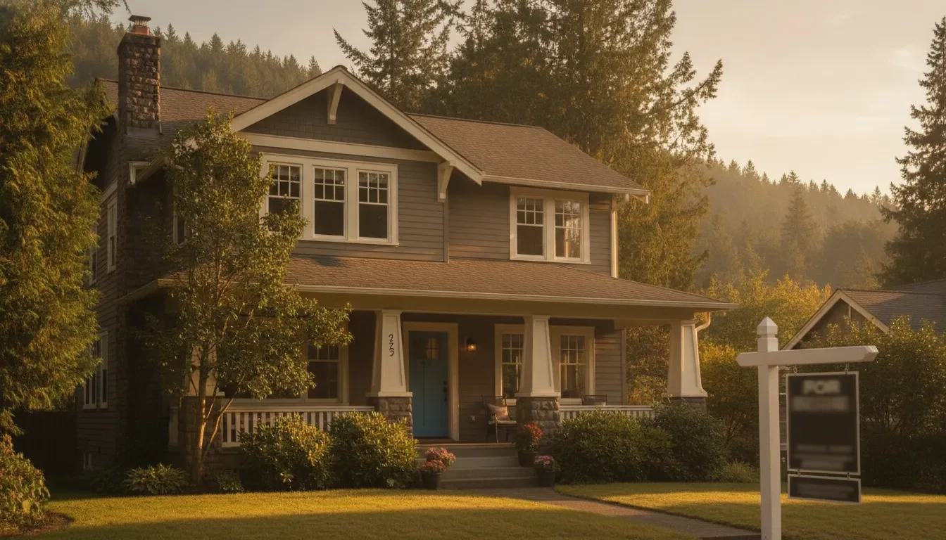 Washington family home with a for sale sign in the yard during sunset