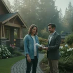 Washington homeowner reviewing documents with a property consultant in a residential neighborhood