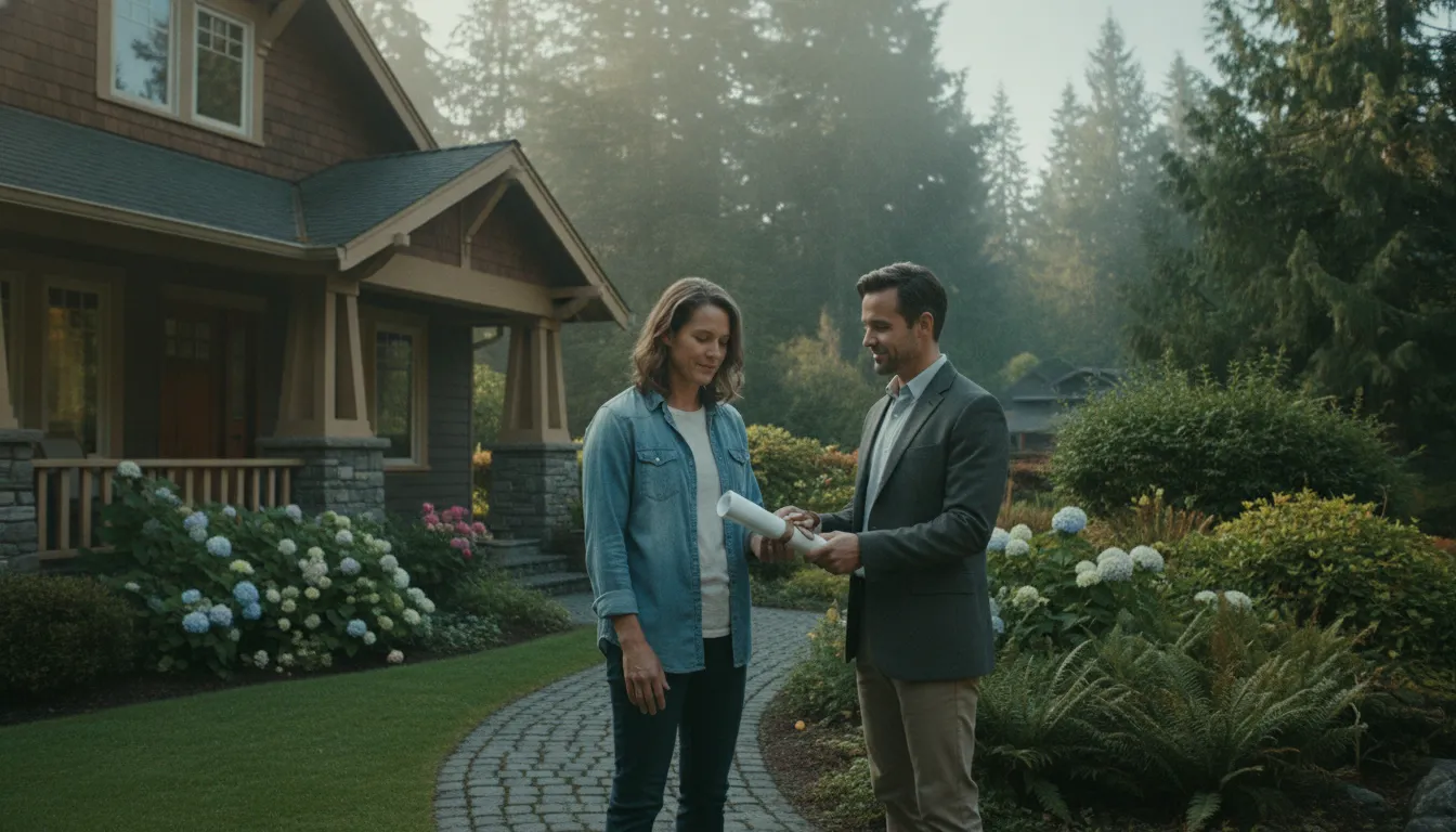 Washington homeowner reviewing documents with a property consultant in a residential neighborhood