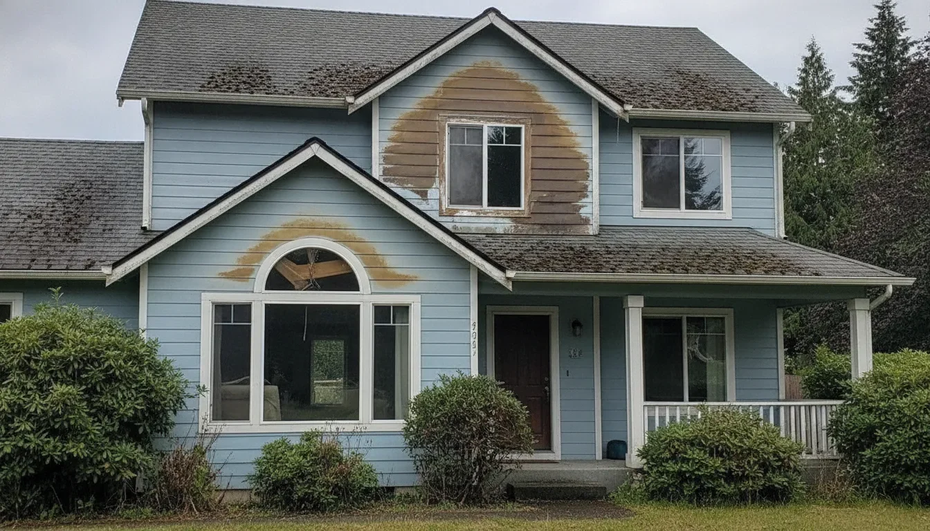 Residential home with visible water damage stains in Washington State