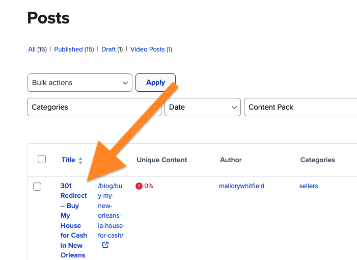 Screenshot showing the title of a 301 Redirected blog post in the Carrot dashboard