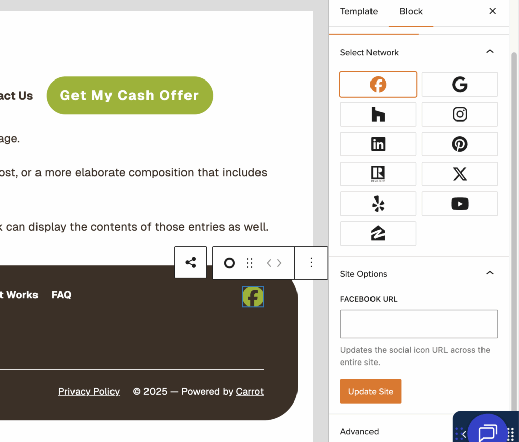 Screenshot of a demo Social Icon block connected to social settings.