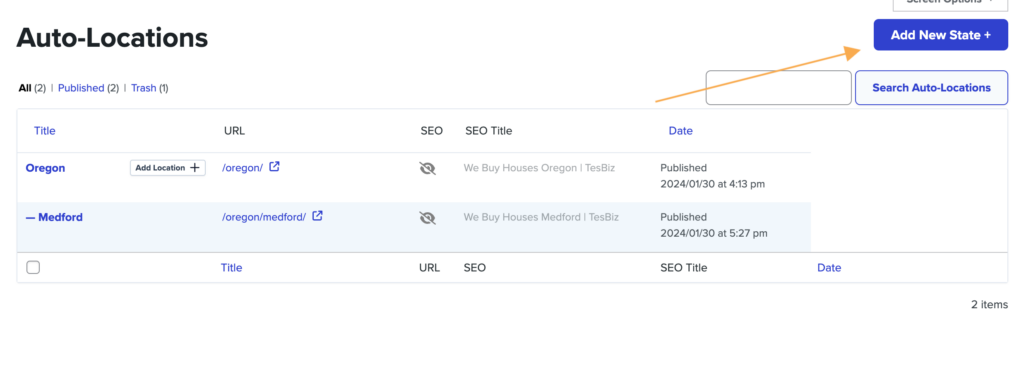 Screenshot showing how to add additional state pages via Carrot's Auto-Location pages tool.