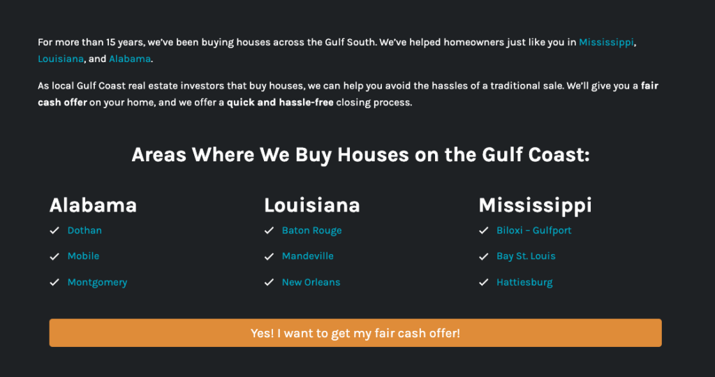 Screenshot of an example "Areas We Serve" section on the homepage of a Carrot website.
