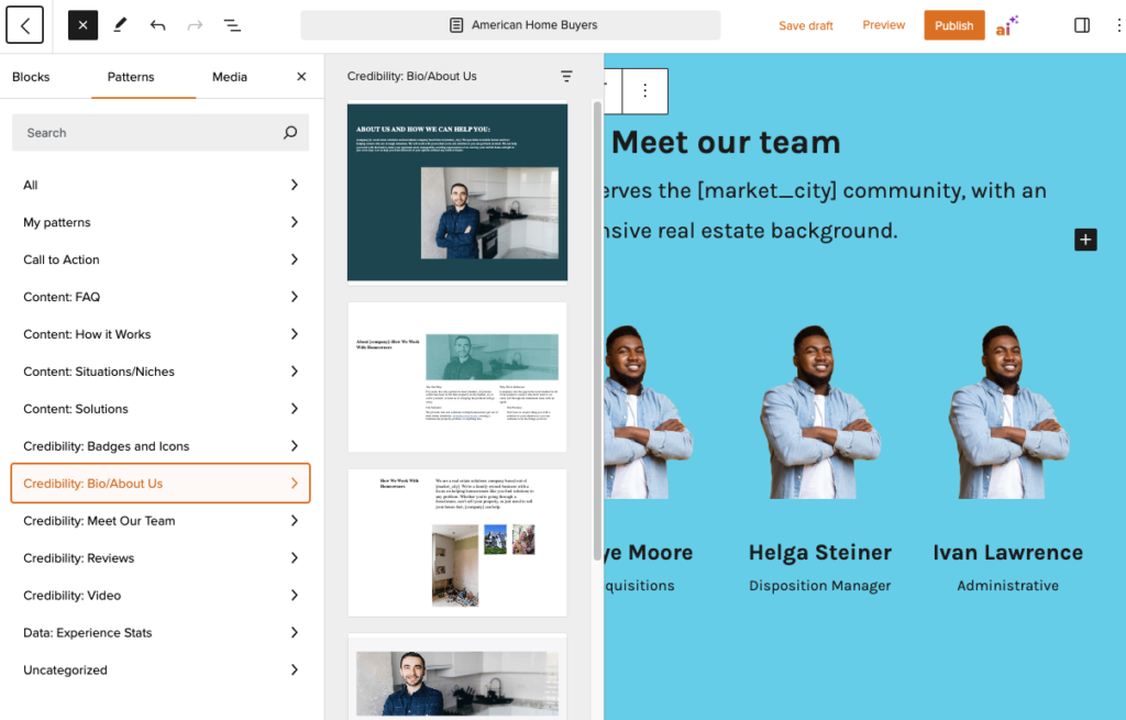 Screenshot of credibility block patterns for "About Us" and "Meet the Team" information.
