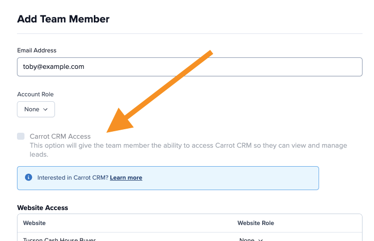 Screenshot showing account level user management and where to give a user Carrot CRM access.