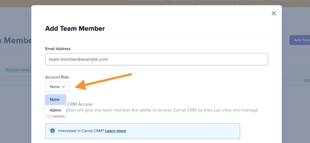 Screenshot showing the account role options in Carrot's Account Level User Management.