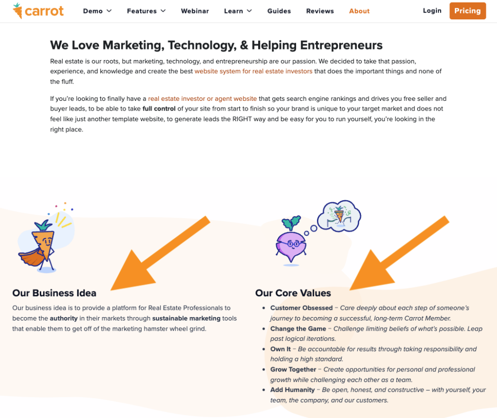 screenshot of Carrot's about page