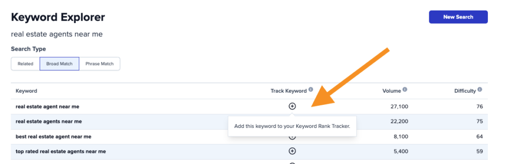 Screenshot of Carrot's Keyword Explorer showing how you can add keywords to your Keyword Rank Tracker.