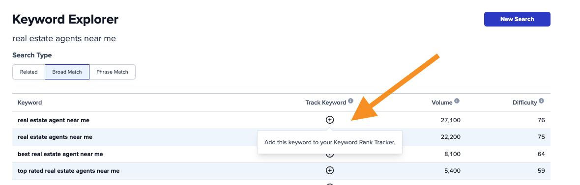 Screenshot of how to add a keyword to track from within the Keyword Explorer tool. 