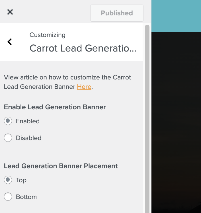 Screenshot showing where to enable the Carrot Lead Generation Banner in the Design area