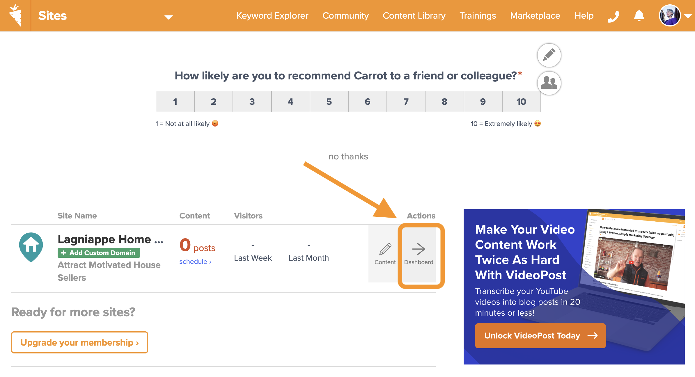 Screenshot of Carrot app showing where to access your Dashboard for a Carrot site