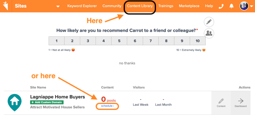 screenshot of Carrot website dashboard and where to find the Automated Content Library