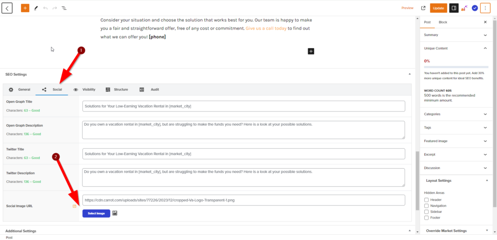 Screenshot of where to select the "social share image" on a Carrot site for what image will get pulled in automatically when the link to your post is shared on social media