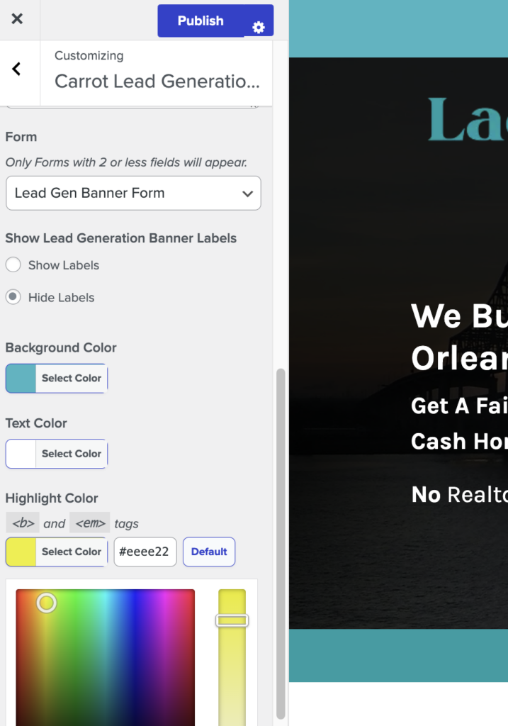 Screenshot showing how to customize colors on Carrot's Lead Generation Banner