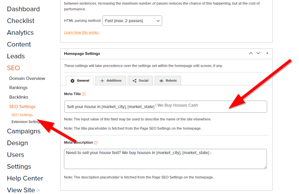 screenshot showing where to edit your homepage meta title and meta description on a Carrot site, under SEO Settings
