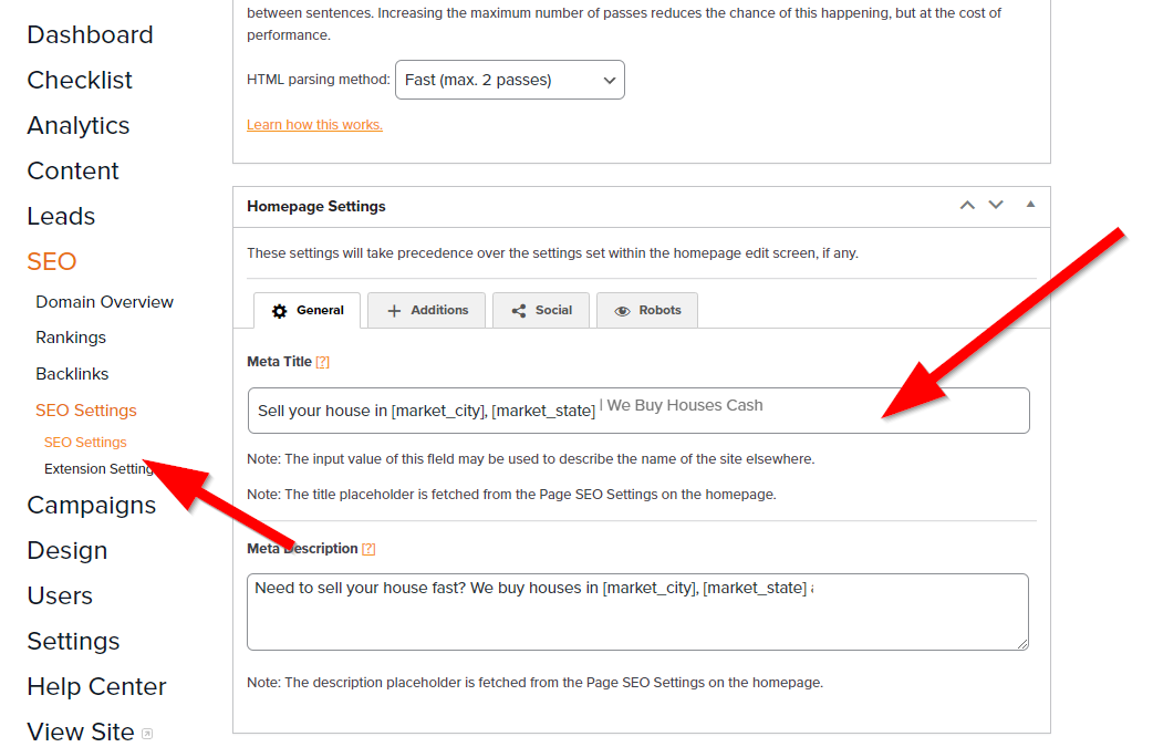 Screenshot showing where to edit your home page's title and meta description.