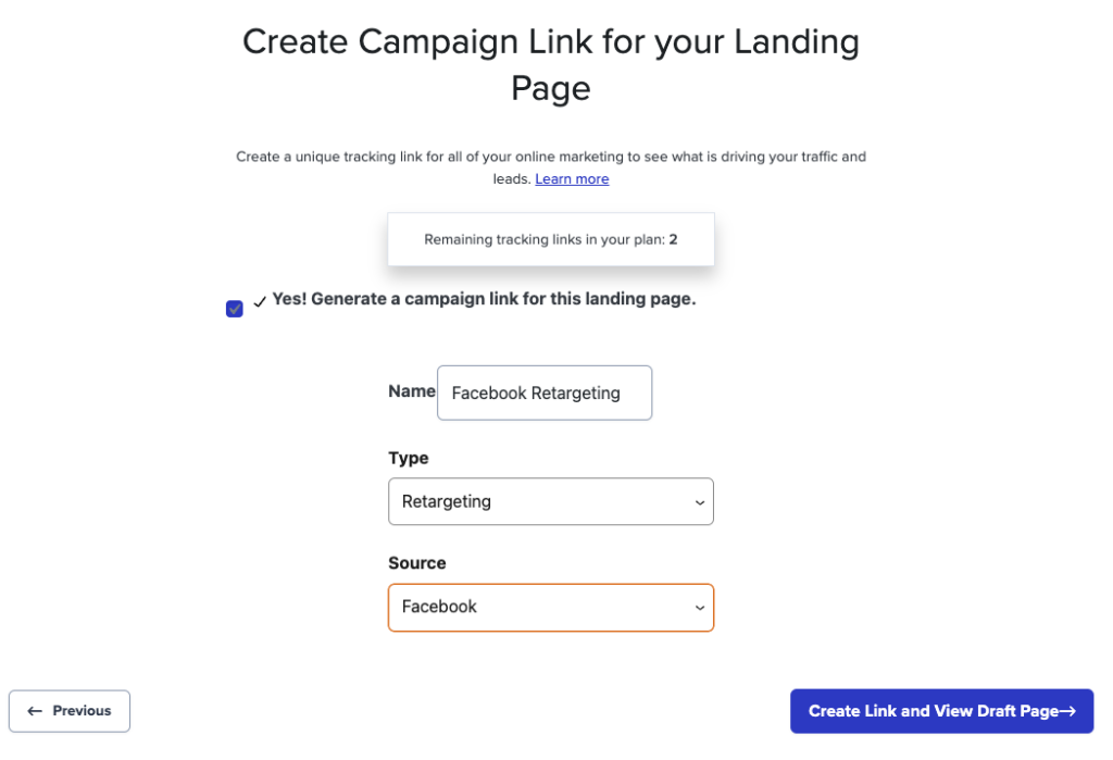 Screenshot of creating a campaign tracking link for a Carrot landing page.