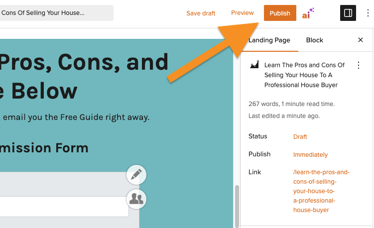 Screenshot of editing a Carrot landing page showing the Publish button.