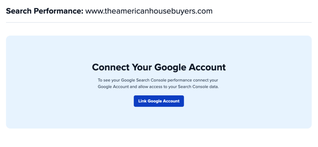 Screenshot of Carrot's Search Performance feature showing where you connect to your Google account