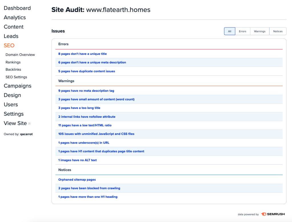Screenshot of Carrot's Site Audit tool, showing a list of all potential SEO issues found on a site