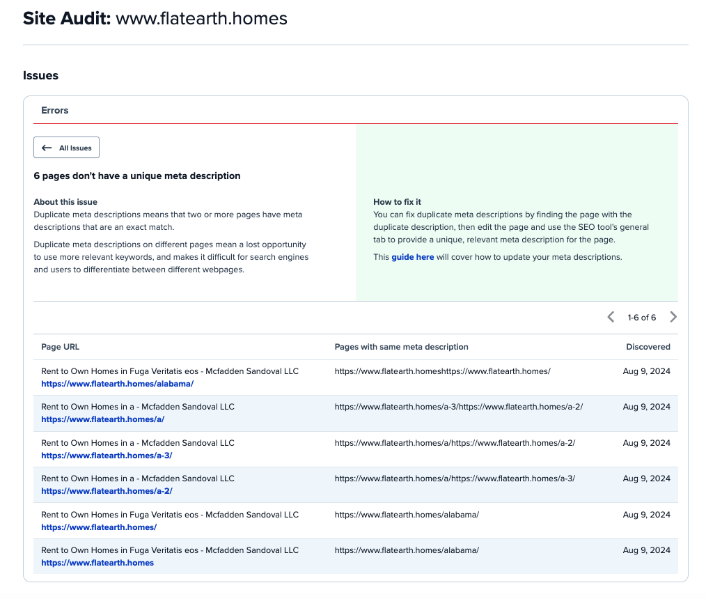 Screenshot of Carrot's Site Audit tool, showing a description of a potential SEO issue found on a site