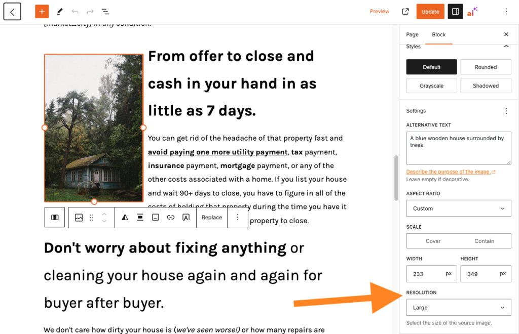 Screenshot showing where to change the image resolution in Carrot's visual editor.
