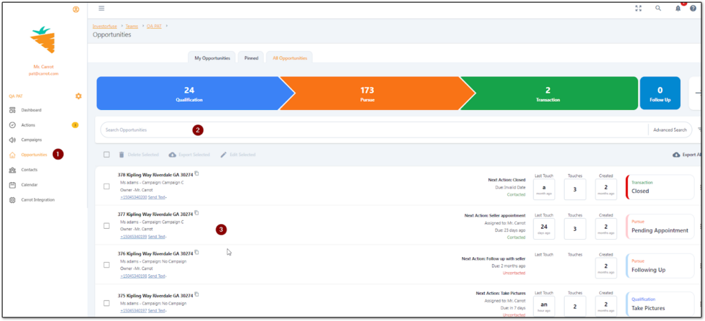 Screenshot of Carrot CRM showing the Opportunities dashboard.