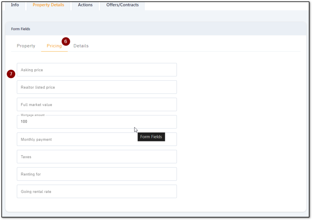 Screenshot of the property details pricing tab in Carrot CRM