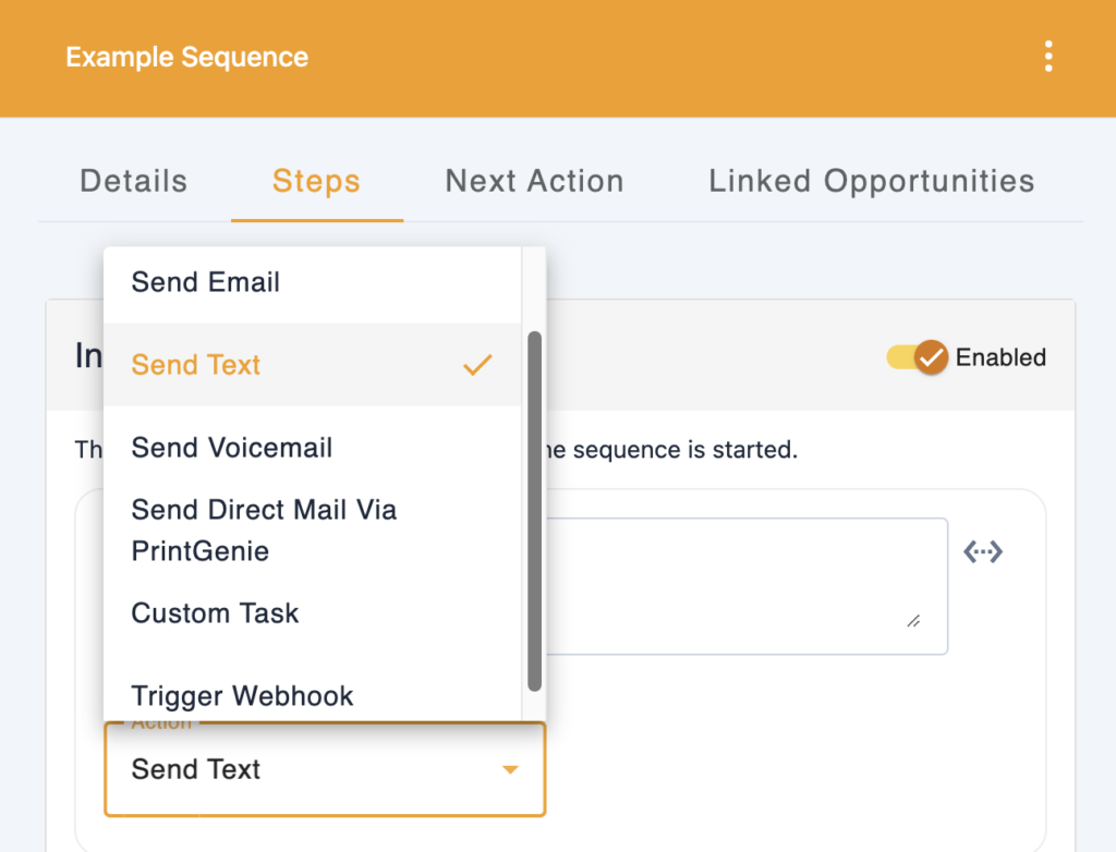 Screenshot showing the different actions available under the steps area when setting up a sequence in Carrot CRM.
