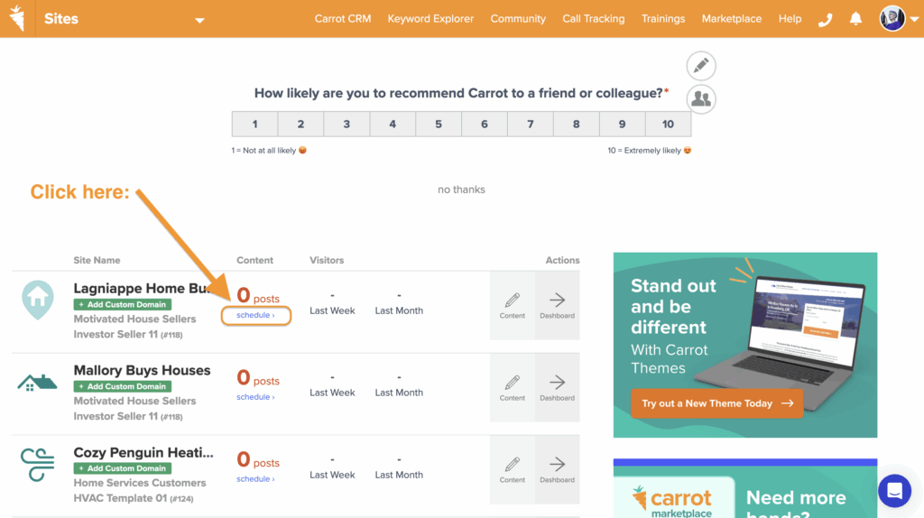 Screen shot showing where to access the content library from the Carrot account dashboard. 