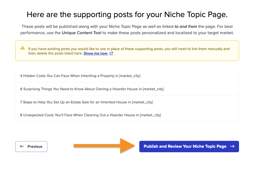 screenshot of the page previewing the supporting post that will publish as part of your Niche Authority Builder content
