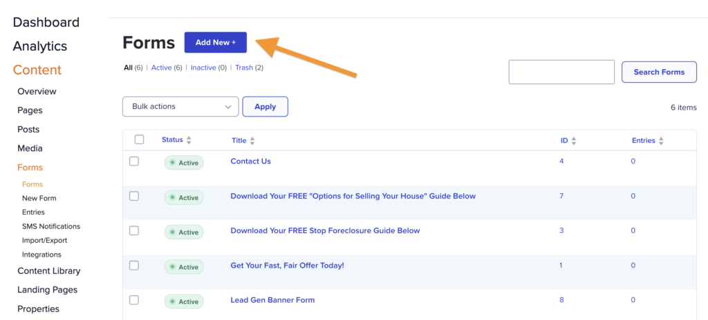Screenshot showing the forms area for a Carrot website highlighting the "Add new" button.