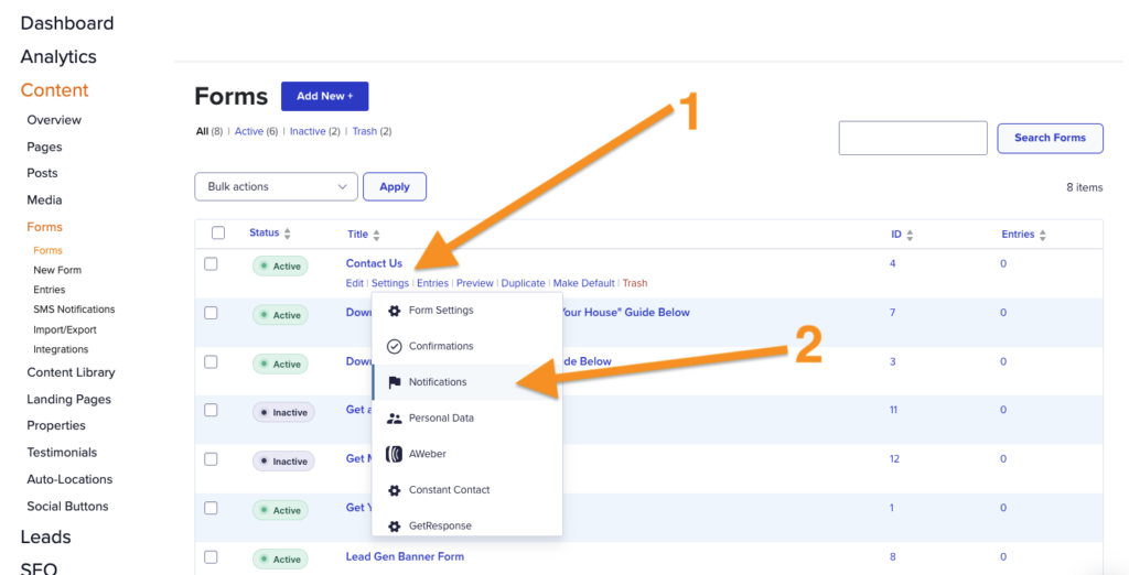 Screenshot of where to find the notification settings for a form in Carrot's website editor.