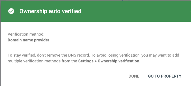 screenshot showing successful verification of domain ownership in Google Search Console