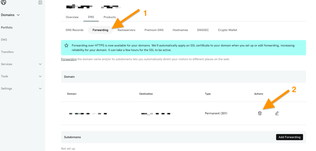 Screenshot showing how to delete extra A records in GoDaddy forwarding settings.