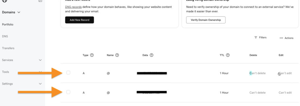 In shot showing extra A records in GoDaddy DNS settings.