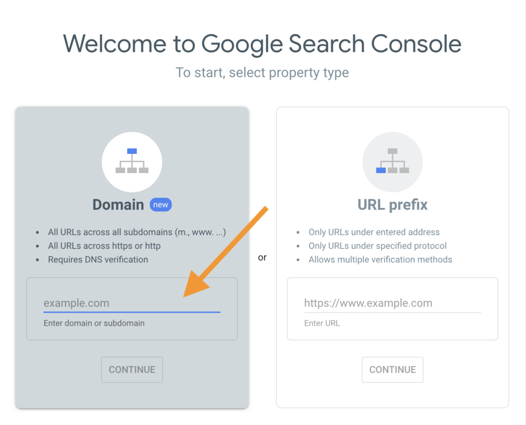 Screenshot of Google Search Console setup, with an arrow pointing to where you insert your domain