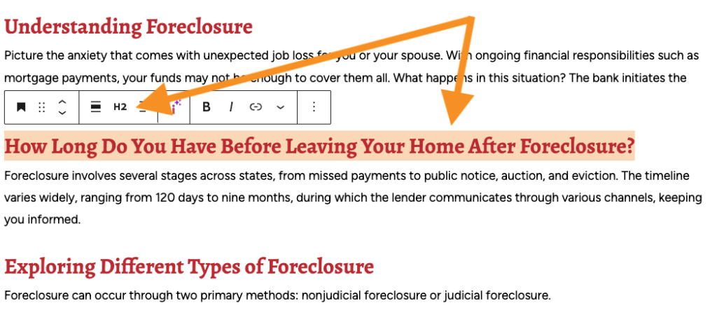 Screenshot showing an example of H2 headings and how to edit them in the Carrot Visual Editor.
