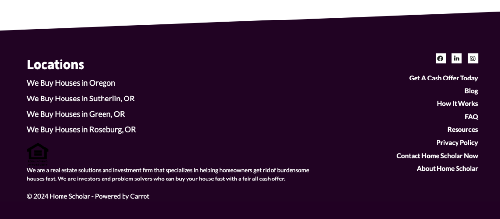 Example of a list of location pages in the footer of a Carrot website.