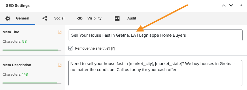Screenshot showing where to edit your meta title and meta description in Carrot's SEO settings.