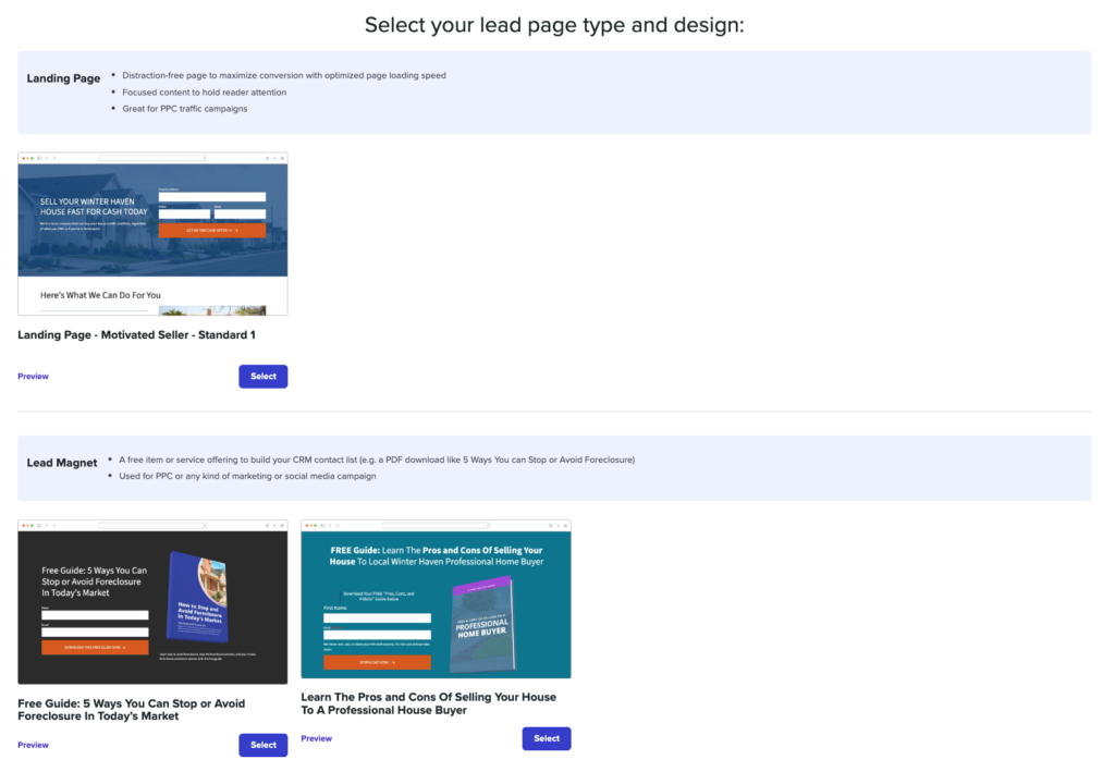 landing page selection screen