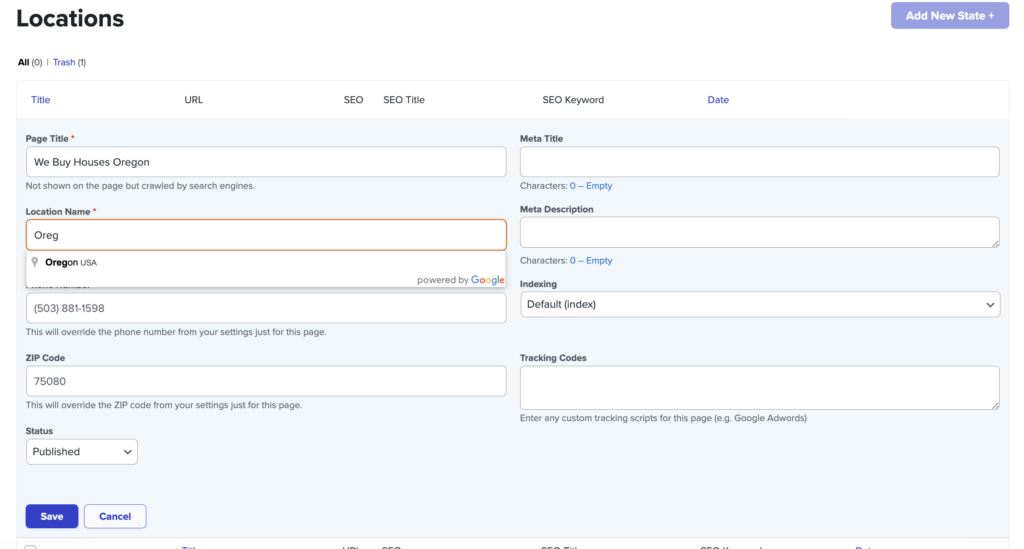 Screenshot showing part of the process of creating an Auto-Locations page in Carrot. 