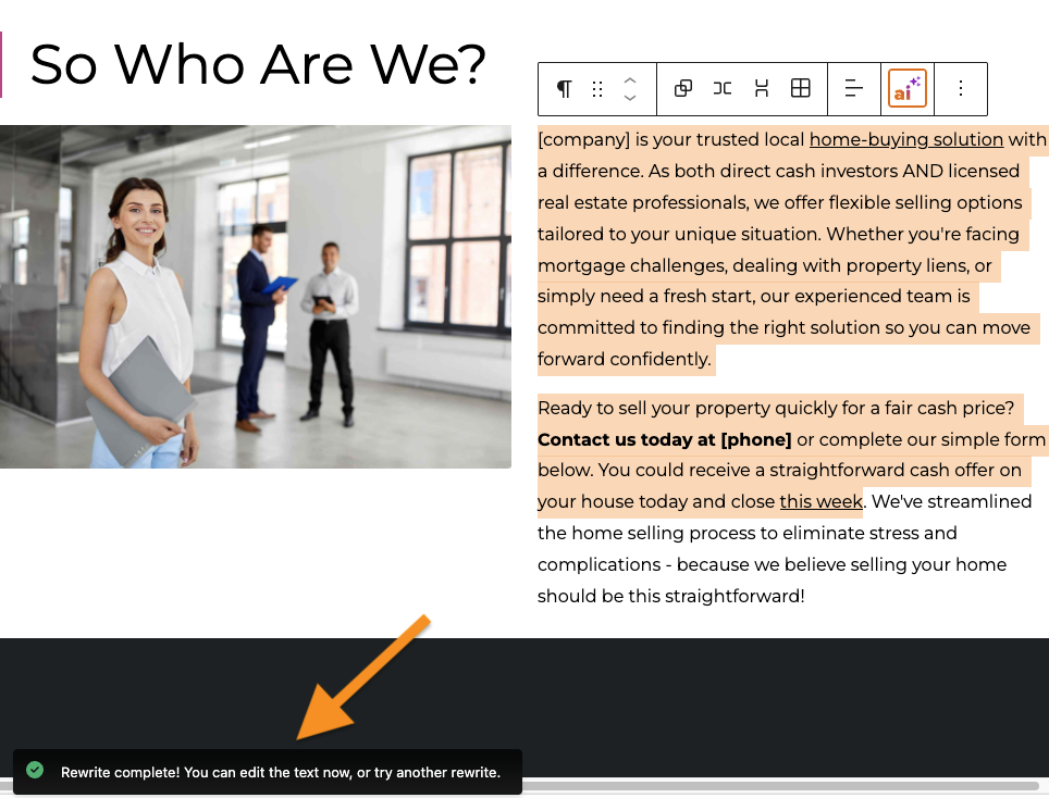 Screenshot showing success message for Carrot's AI rewrite tool.