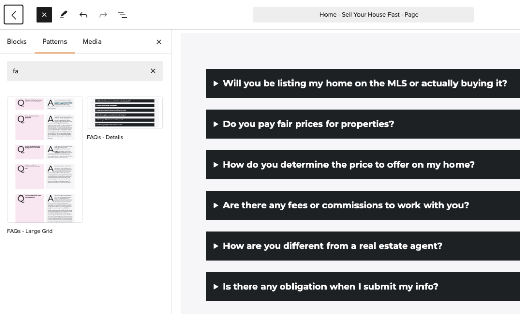 Screenshot showing Carrot's FAQ block patterns.