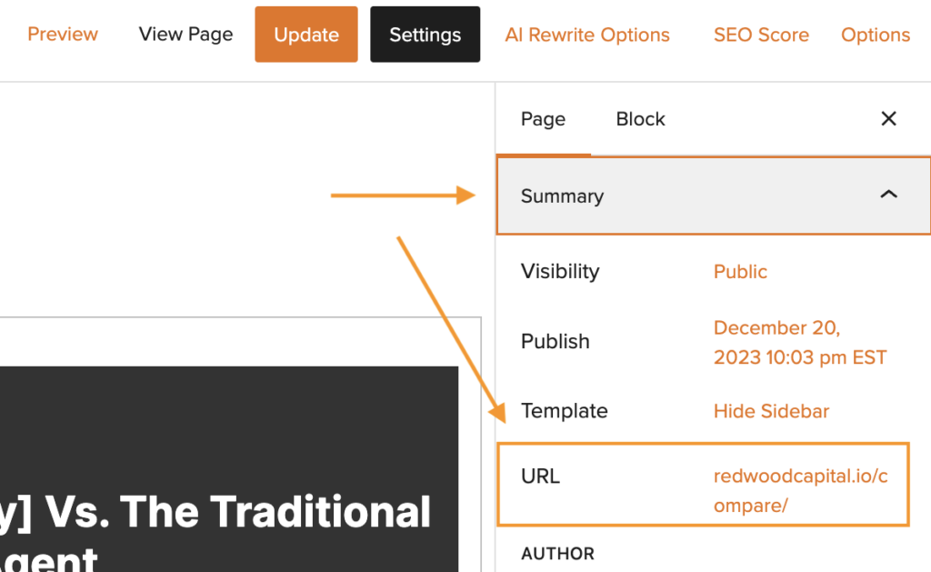 Screenshot of Carrot tool panel showing Summary drop-down and URL info