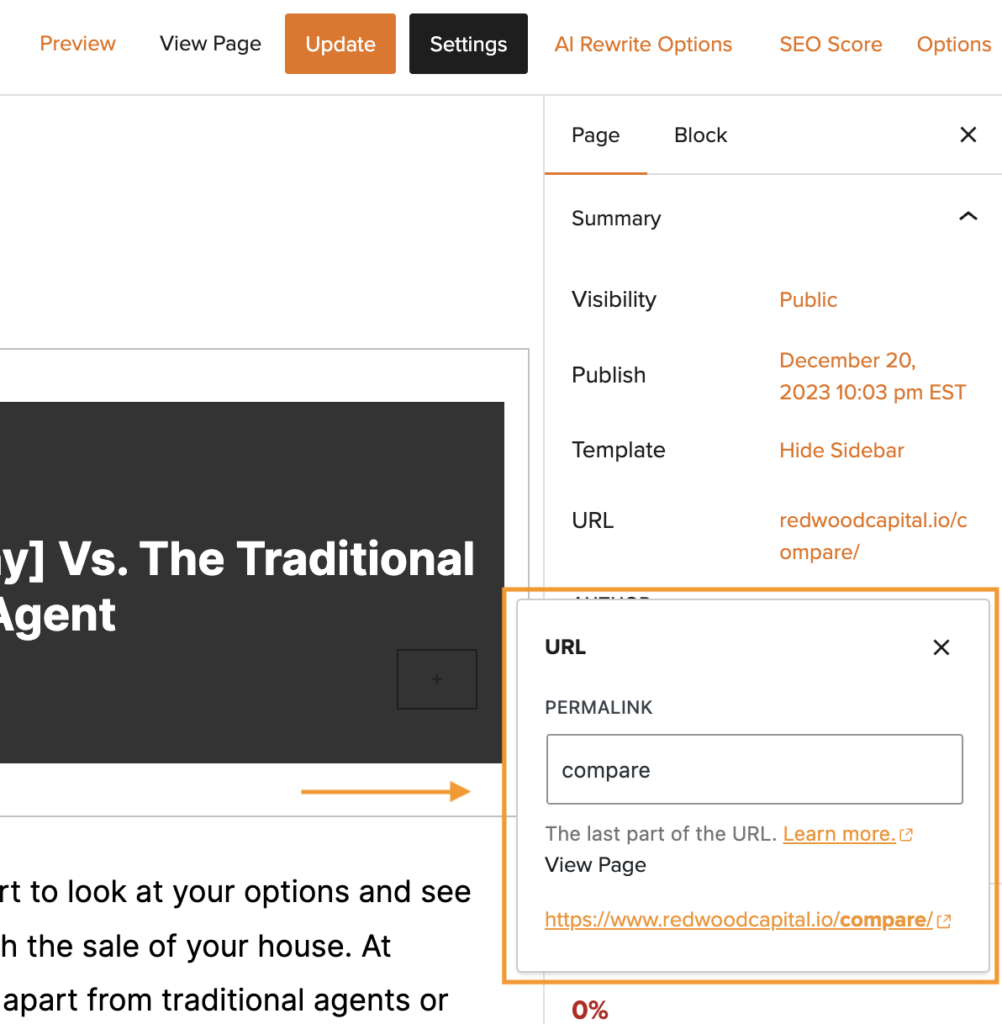 Screenshot of Carrot tool panel showing where to edit URL permalink