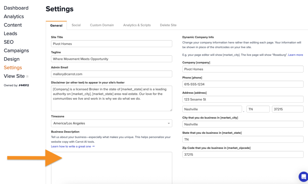 Screenshots showing where to add the business description in Carrot site settings.