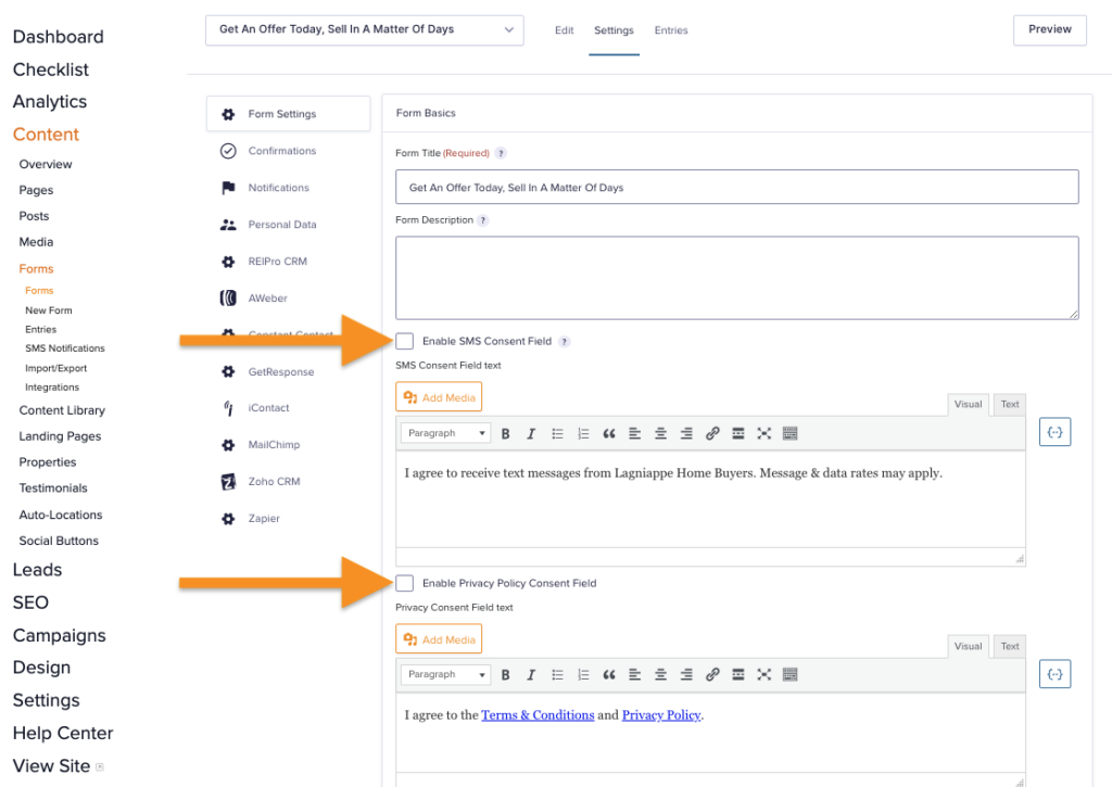 Screenshot of Carrot's Form dashboard showing where to enable SMS consent field and privacy policy consent fields. 